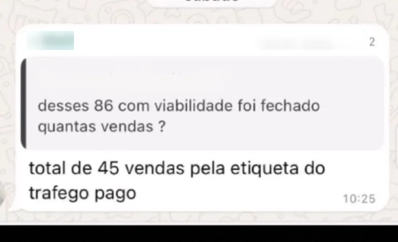 Cliente no WhatsApp: total de 45 vendas pela etiqueta do tráfego pago