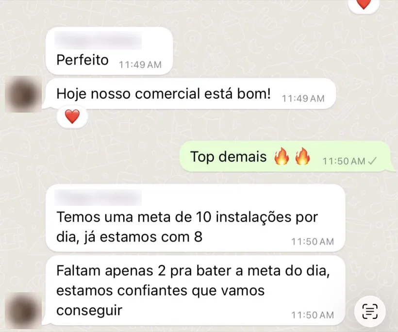 Cliente no WhatsApp: meta de 10 instalações por dia, já estão com 8