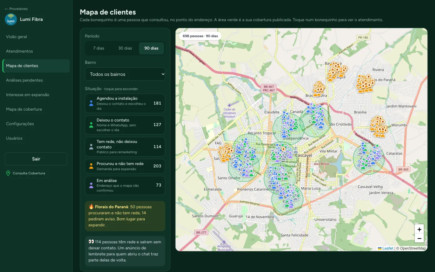 Mapa de clientes: cada pessoa que consultou é um bonequinho no mapa, com cor por situação
